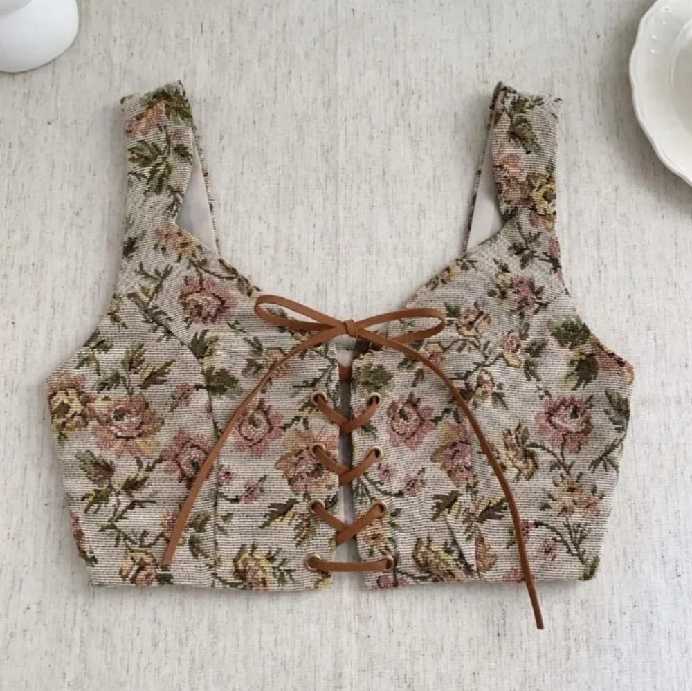 CIDER Cottagecore Spring Floral Jacquard Strap Lace Renaissance Corset Crop Top
